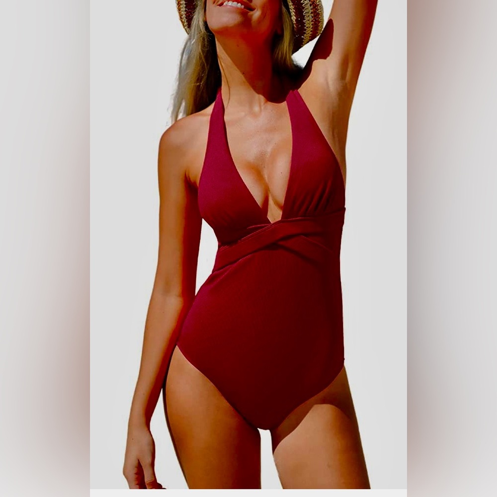 Cupshe Burgundy v neck halter design and wrap front detail.